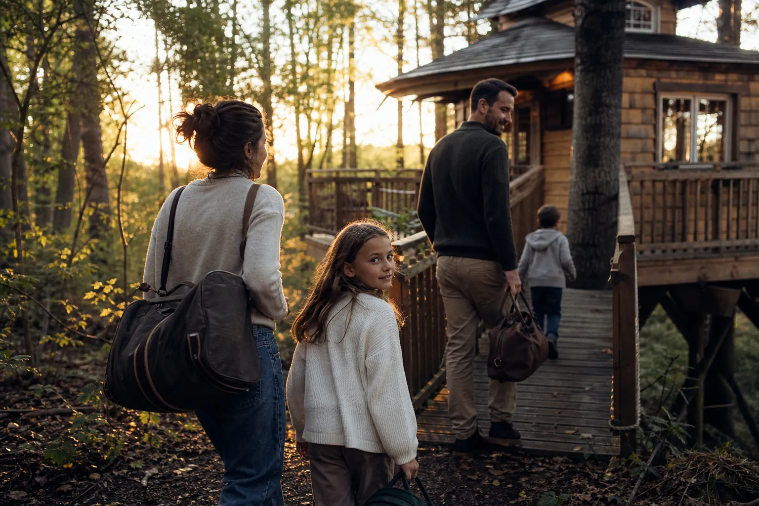 Famille arrivant devant une cabane perchée dans les arbres, en pleine forêt.