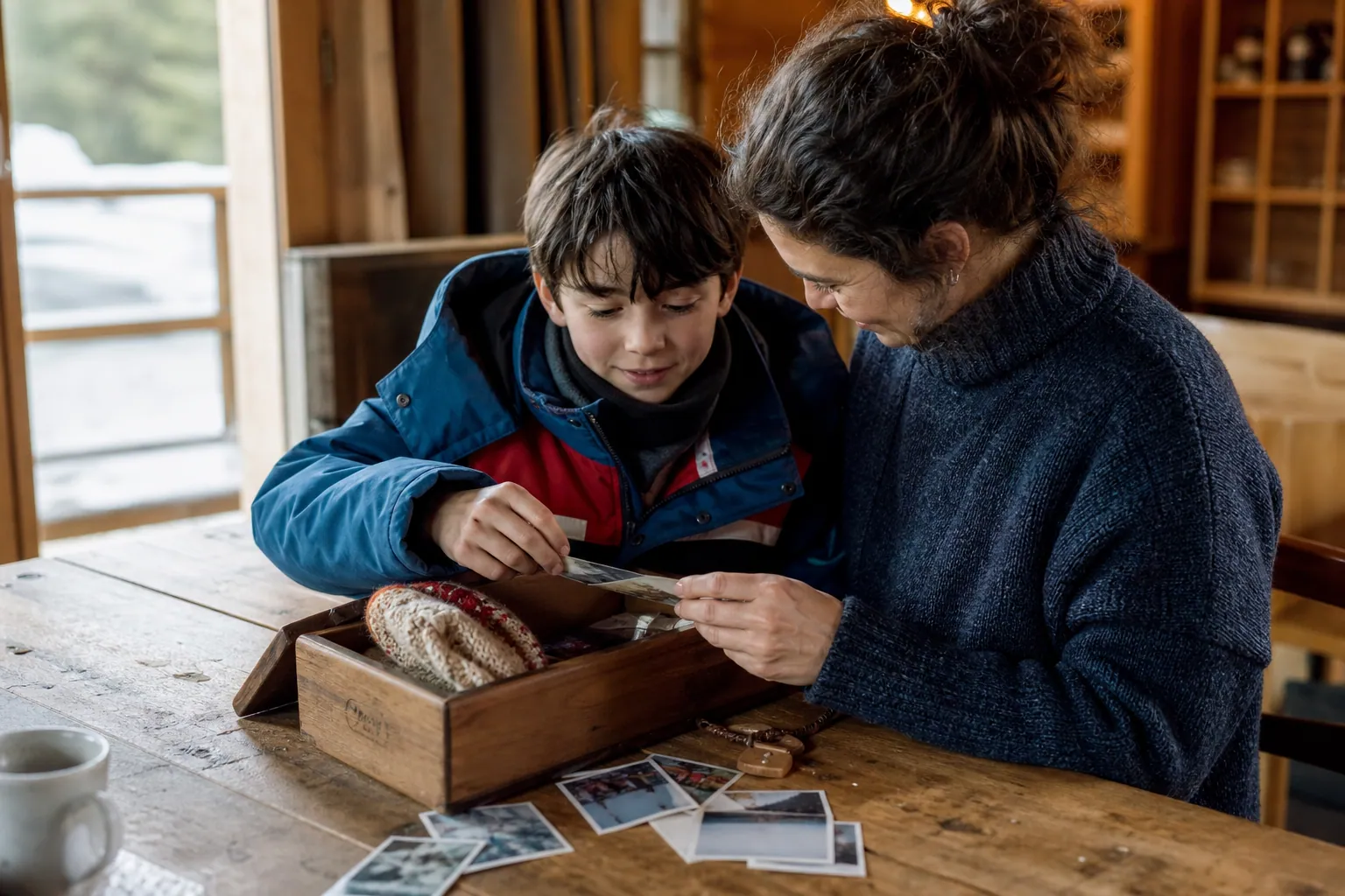 Parent et enfant trient des souvenirs de colonie de ski autour d’une boîte mémoire.