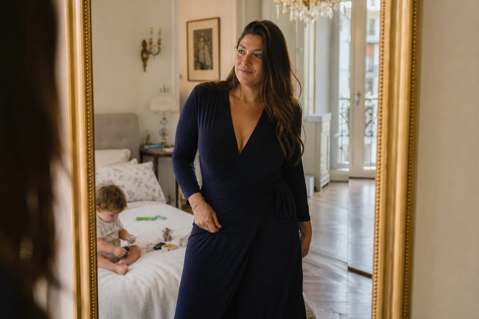 Mère ronde essayant une robe cache-cœur dans une chambre lumineuse, avec son enfant à côté.