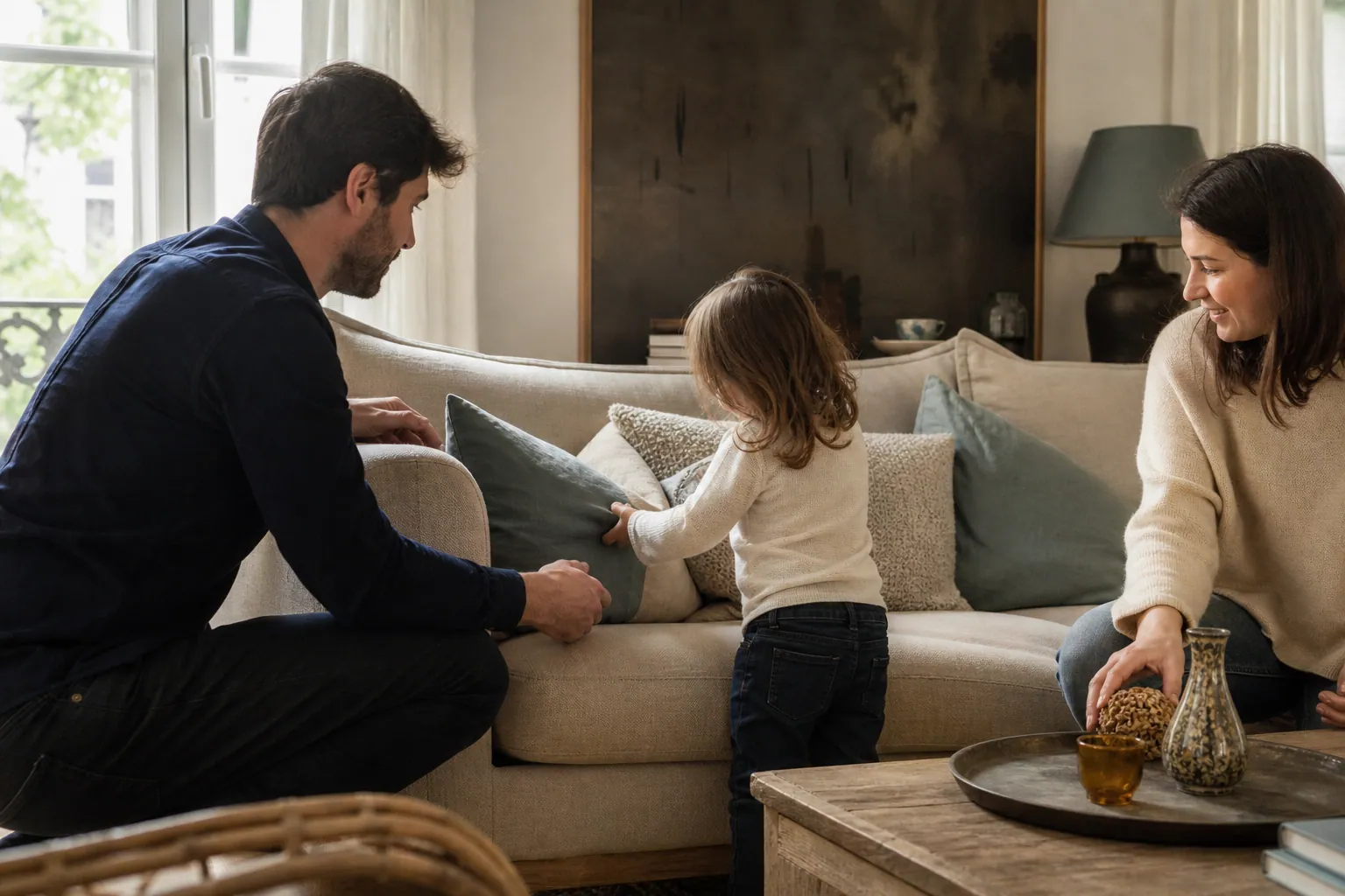 Famille décorant un salon chaleureux avec leur enfant