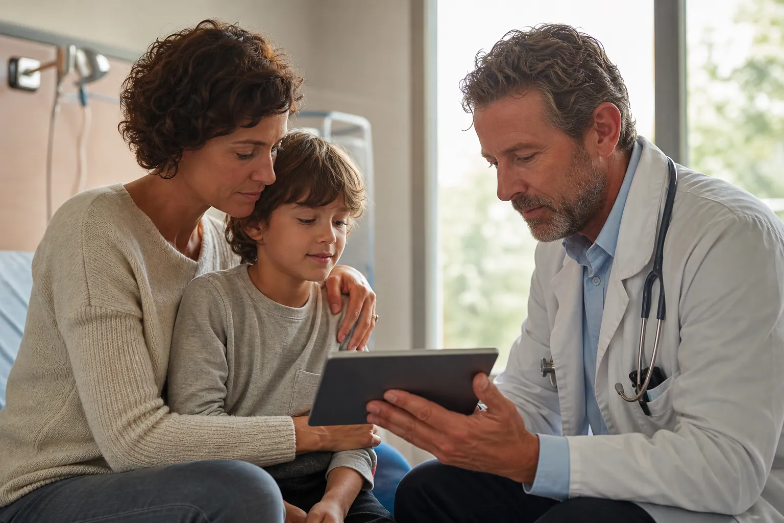 Parent et enfant en consultation avec un médecin à propos d’un traitement biologique