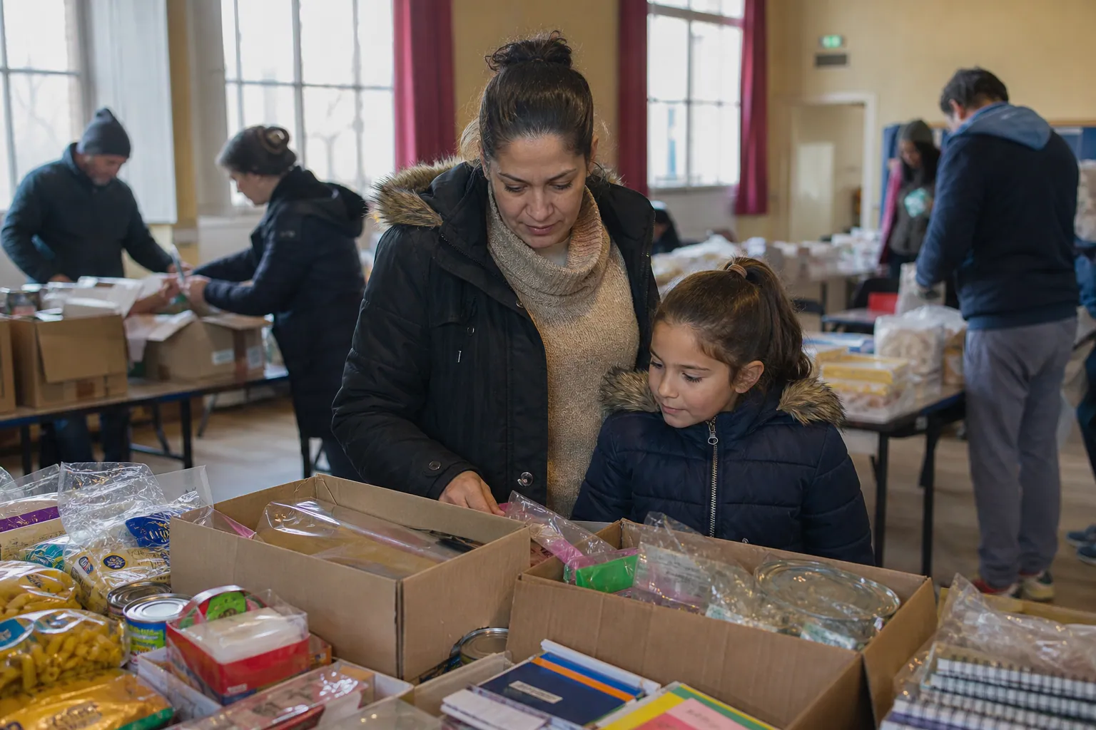Parent et enfant devant des dons triés dans un centre solidaire