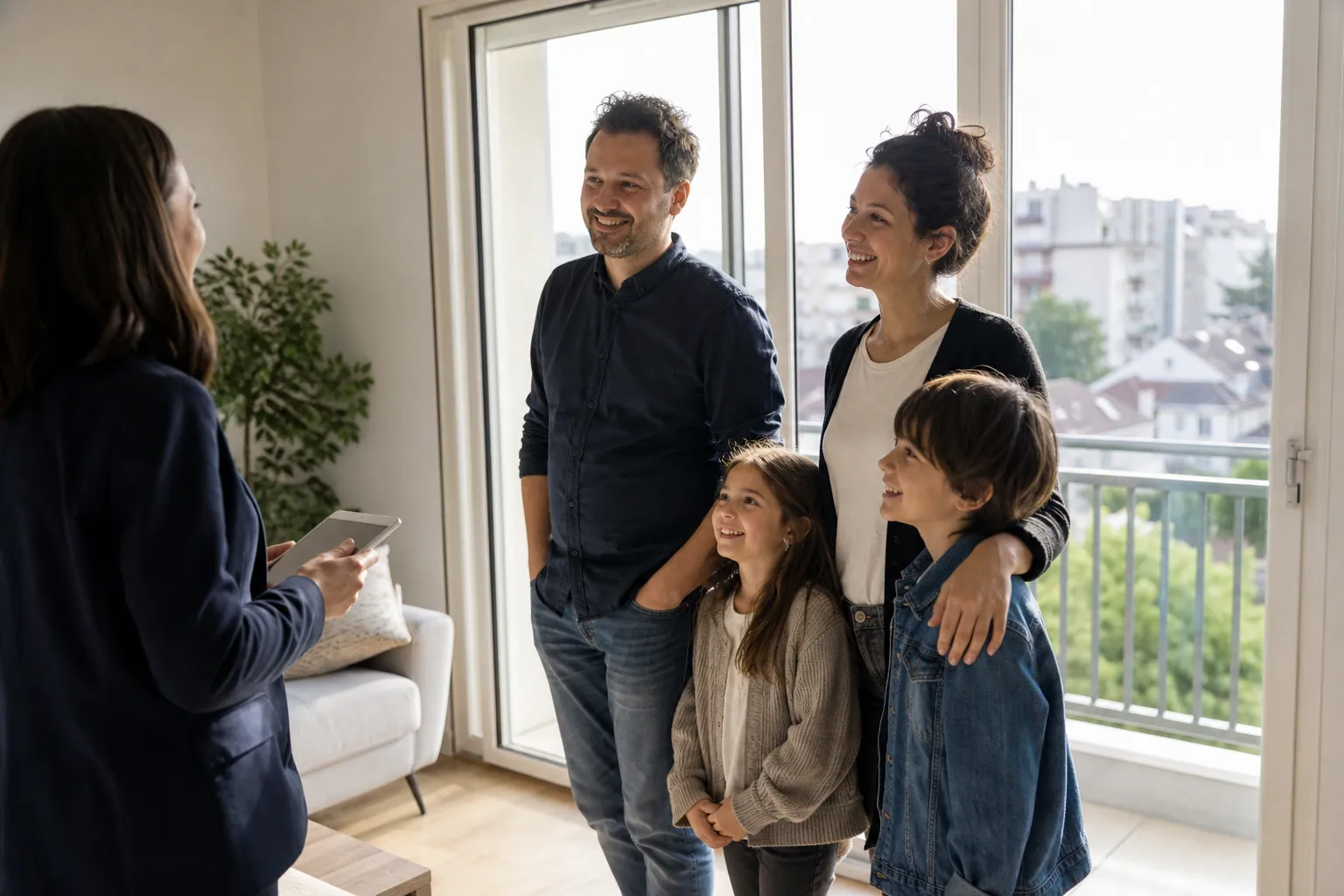 Famille rencontrant un agent immobilier dans un appartement lumineux à Livry-Gargan