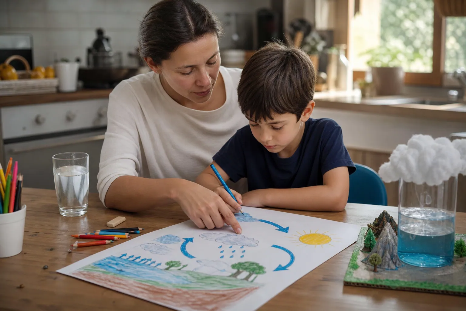 Parent et enfant français devant un schéma du cycle de l’eau à la maison