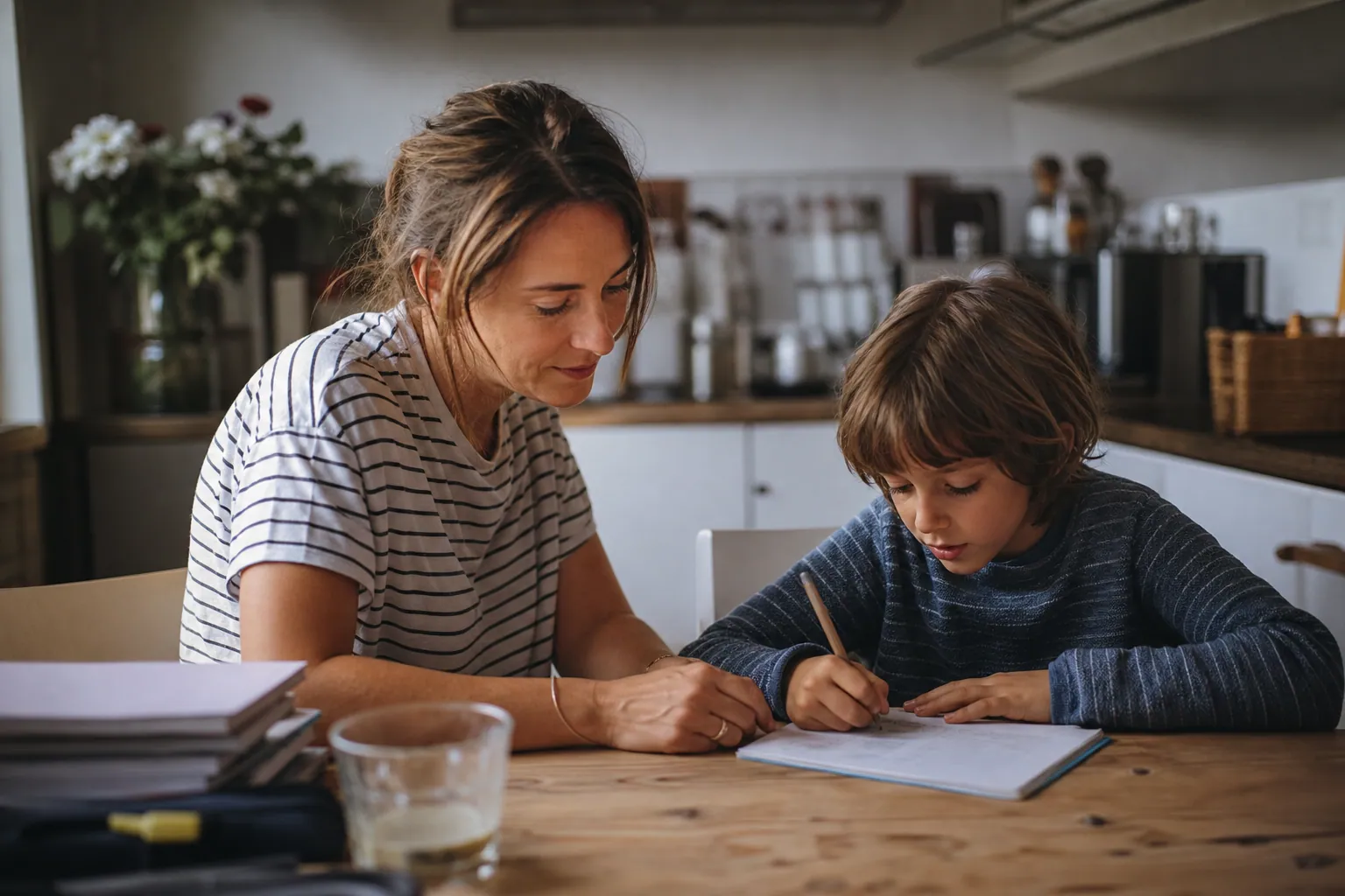 Parent aidant son enfant à faire ses devoirs à la table de la cuisine, dans une ambiance chaleureuse.
