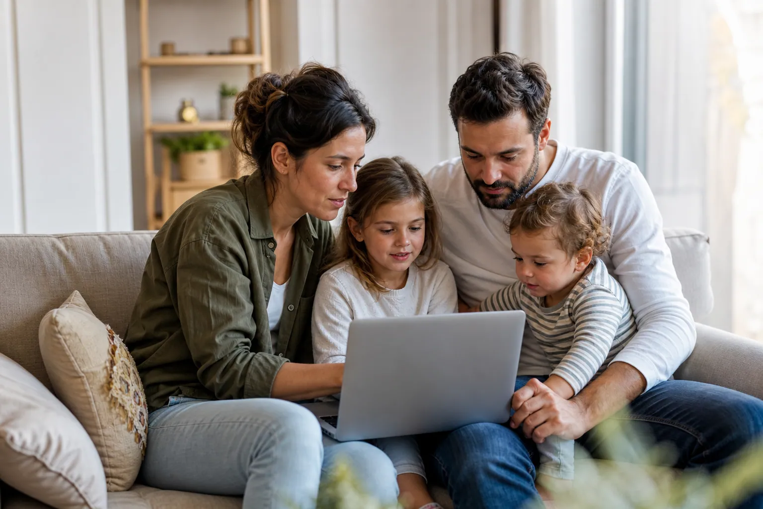 Parents et enfants regardant une location d’équipement sur un ordinateur à la maison.