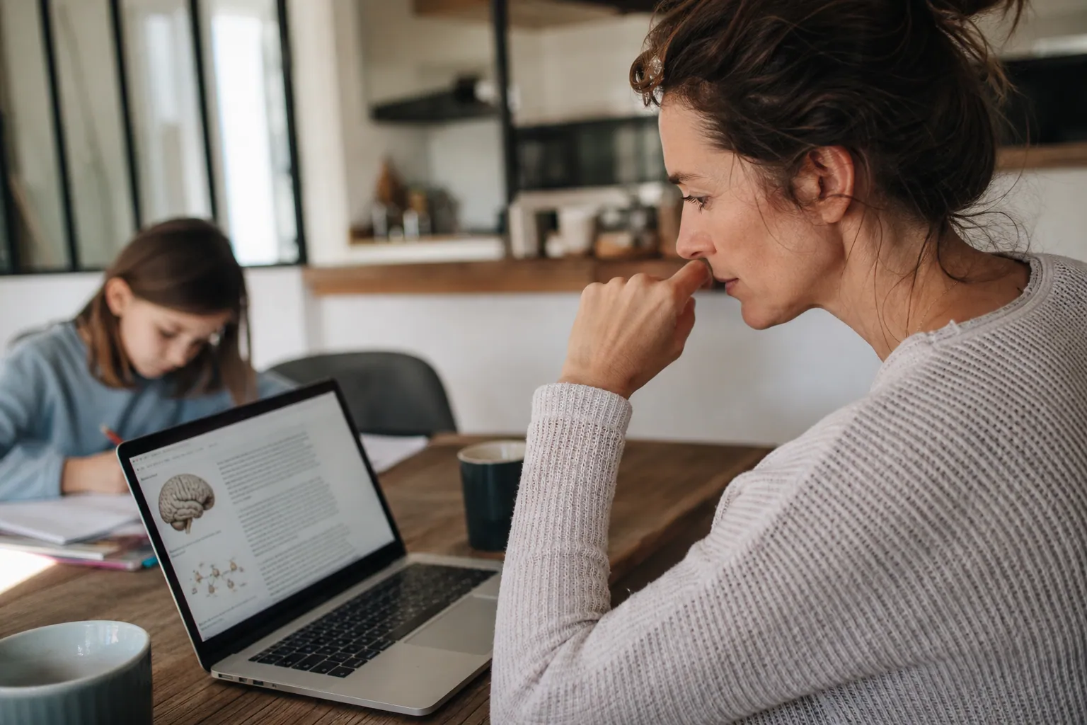 Parent lisant un article de psychologie sur ordinateur, avec son enfant à côté dans la cuisine.