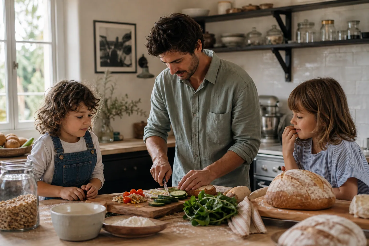 Parent préparant un repas avec deux enfants dans une cuisine familiale