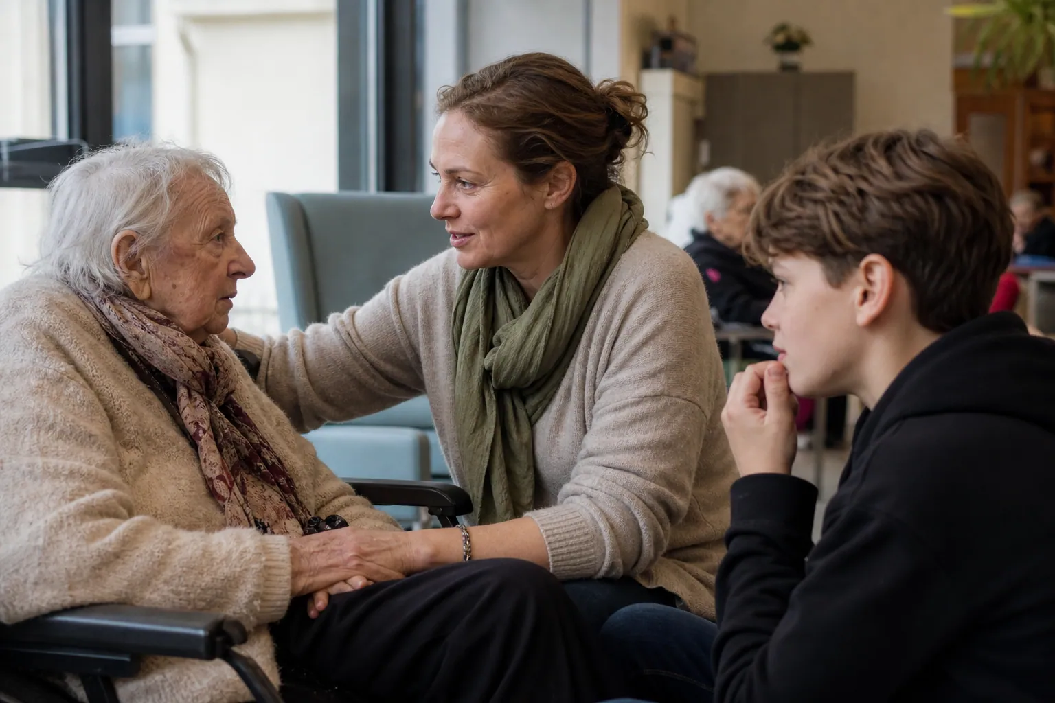 Famille française rendant visite à une personne âgée dans une maison de retraite lumineuse.