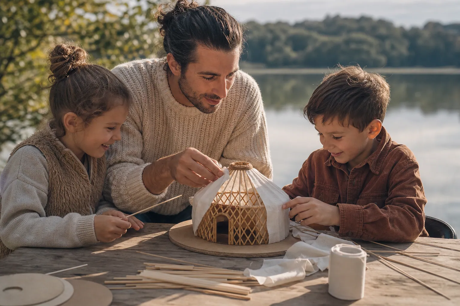 Une famille construit une maquette de yourte flottante près d’un lac