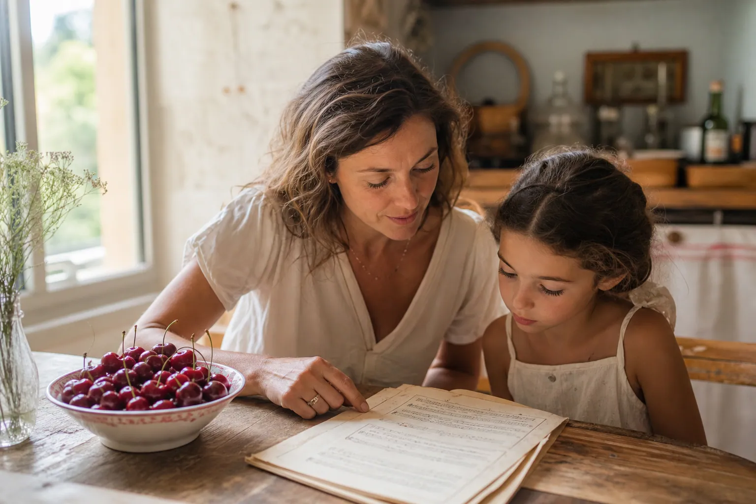 Parent et enfant regardant des cerises et un livre ouvert dans une cuisine lumineuse.