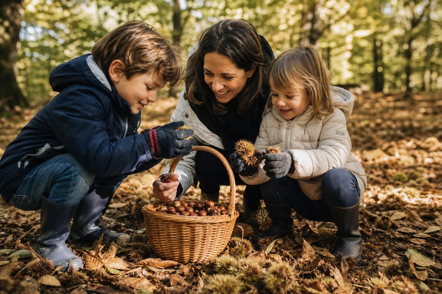 Un parent et deux enfants ramassent des châtaignes dans un panier en osier, sur un tapis de feuilles en forêt.