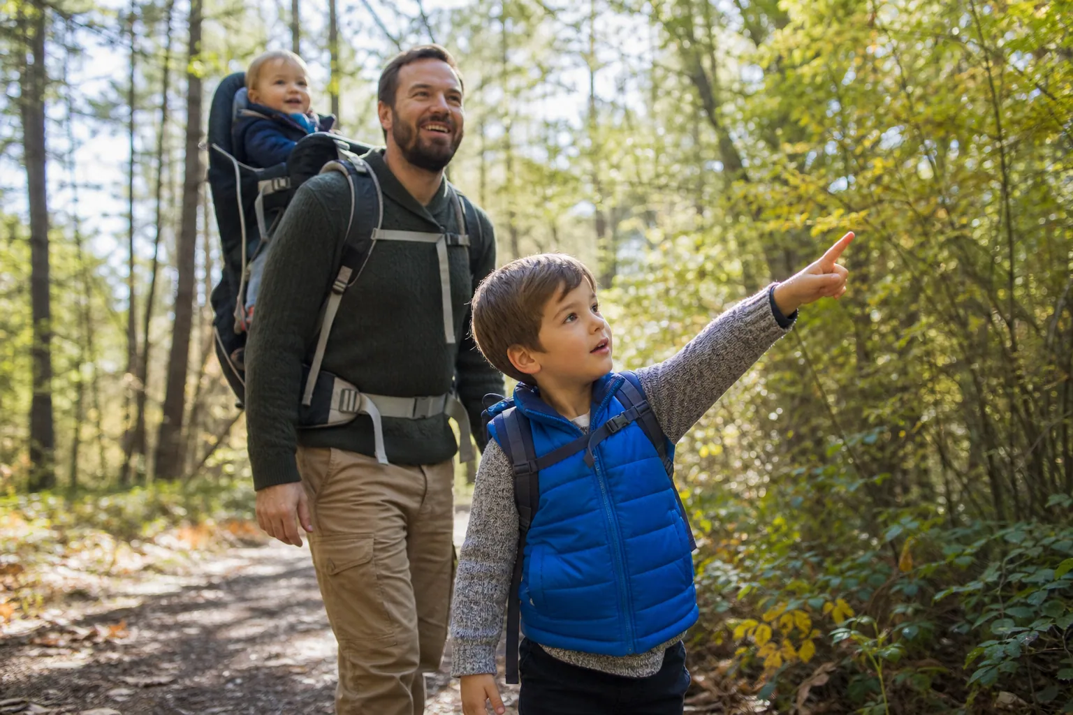 Une famille marche sur un sentier forestier, un enfant porté en porte-bébé dorsal.