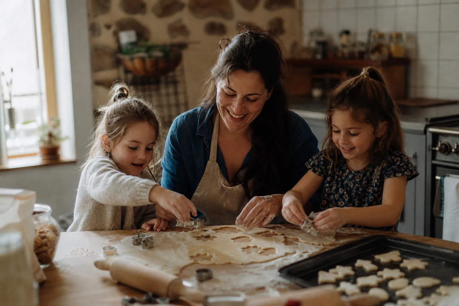 Parent et enfants découpant des biscuits dans une cuisine lumineuse