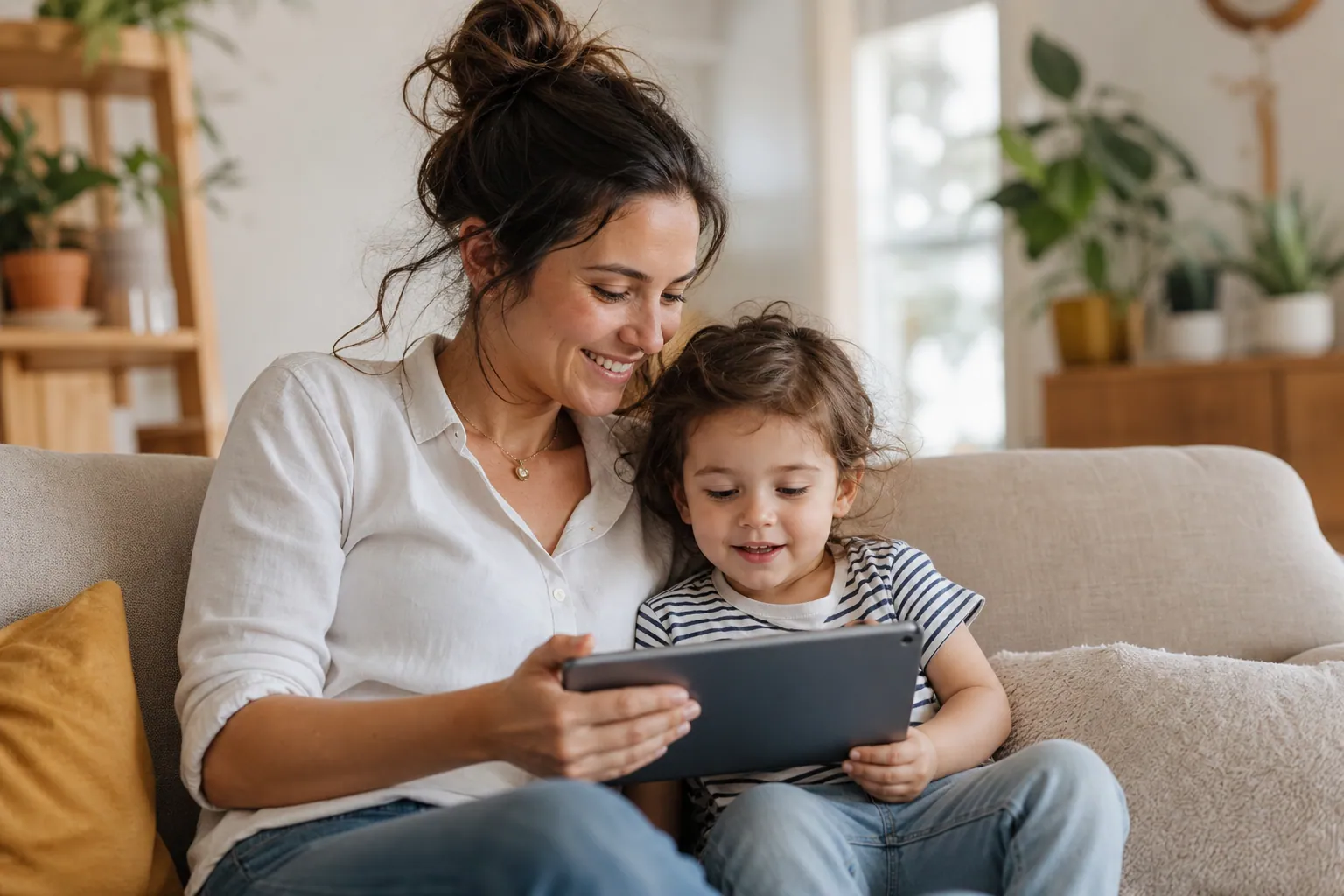 Un parent et son enfant regardent ensemble une tablette, souriants, dans un salon lumineux et chaleureux.