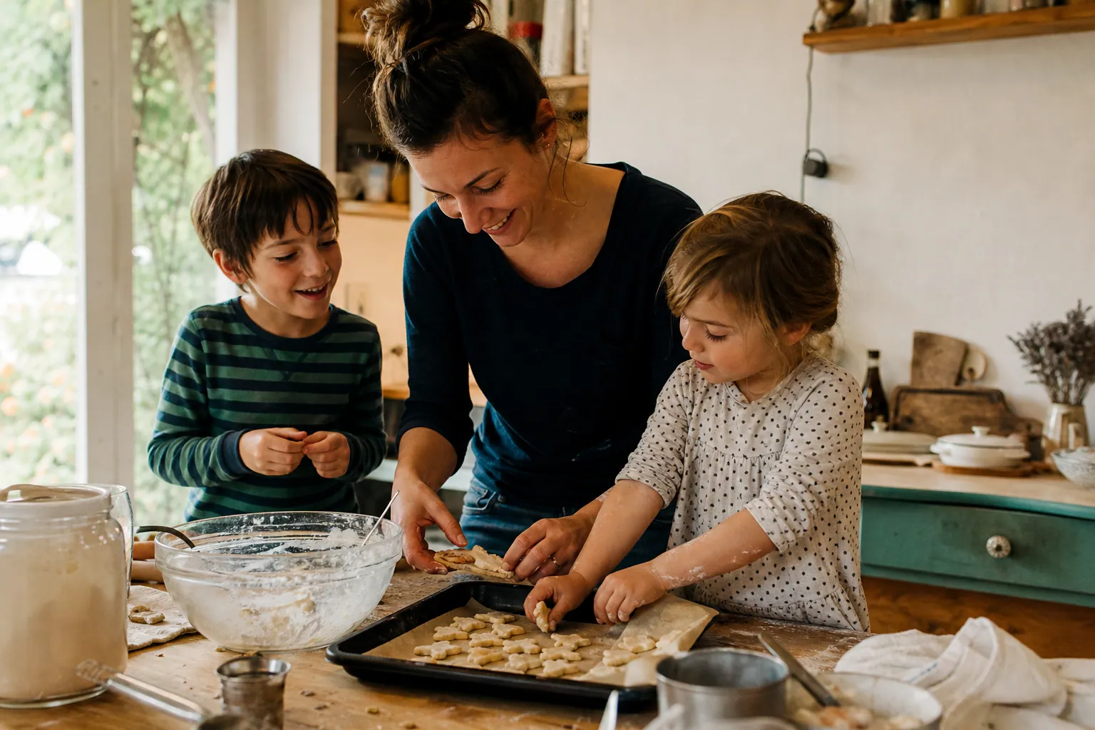 Parent et enfants préparant un goûter maison dans une cuisine chaleureuse.