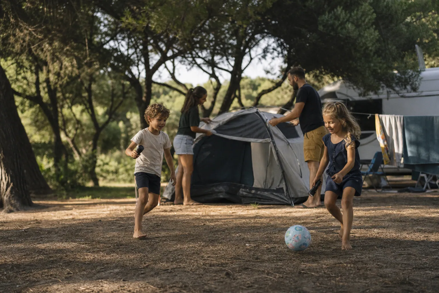 Famille française installant une tente au camping avec deux enfants qui jouent à côté.