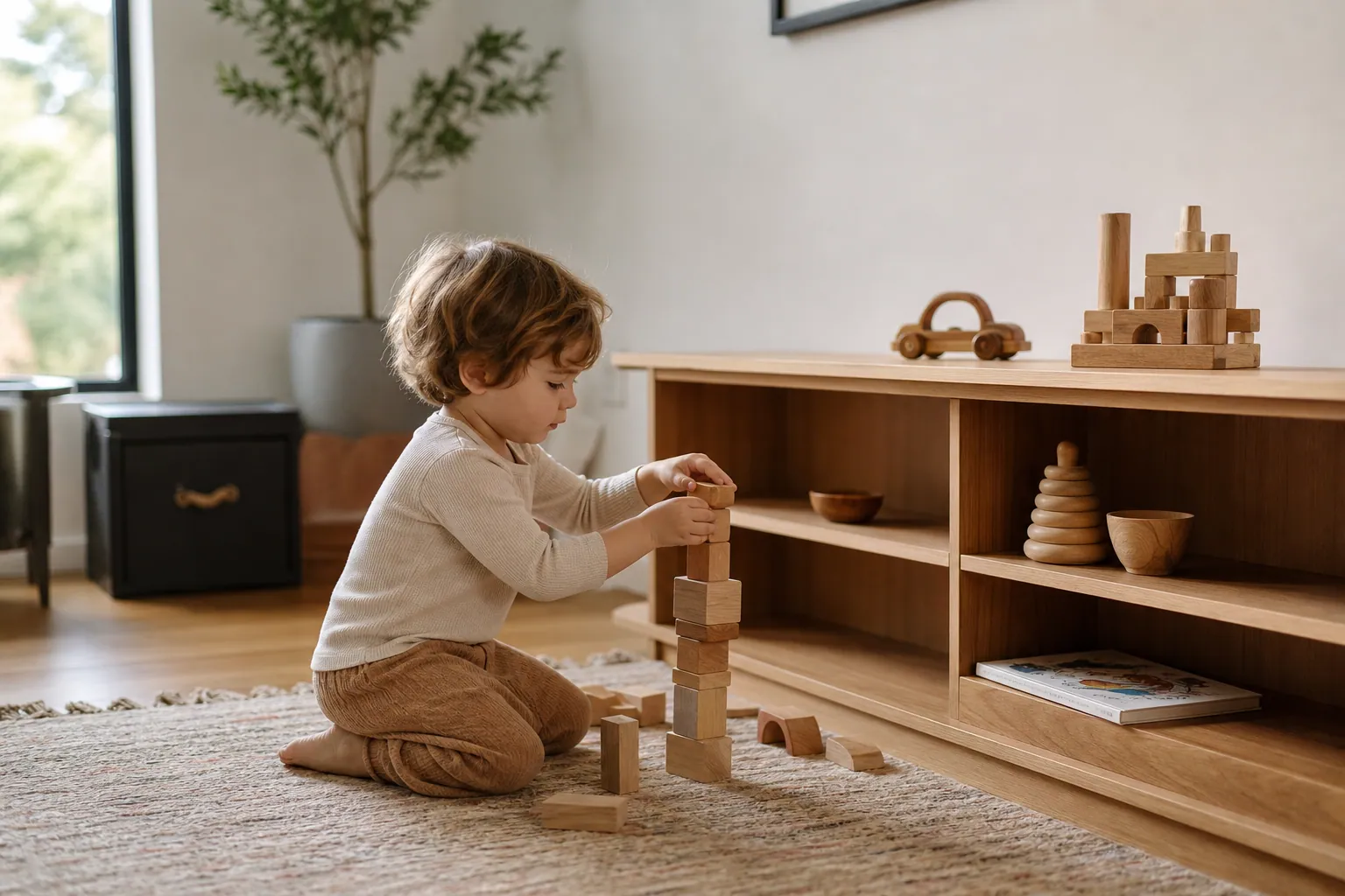 Un jeune enfant joue avec des cubes devant une étagère basse où quelques jouets sont espacés.