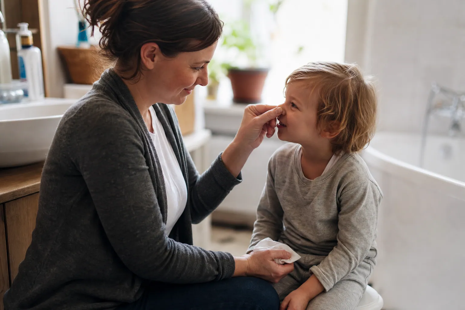 Une mère pince doucement le nez de son enfant assis pour arrêter un saignement de nez.