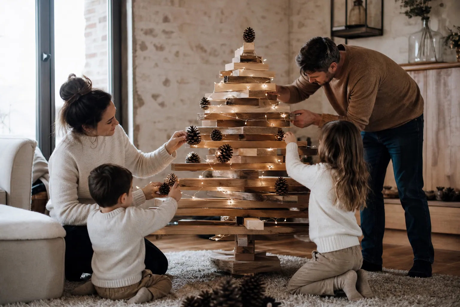 Famille assemblant un sapin de Noël en planches de bois dans un salon chaleureux