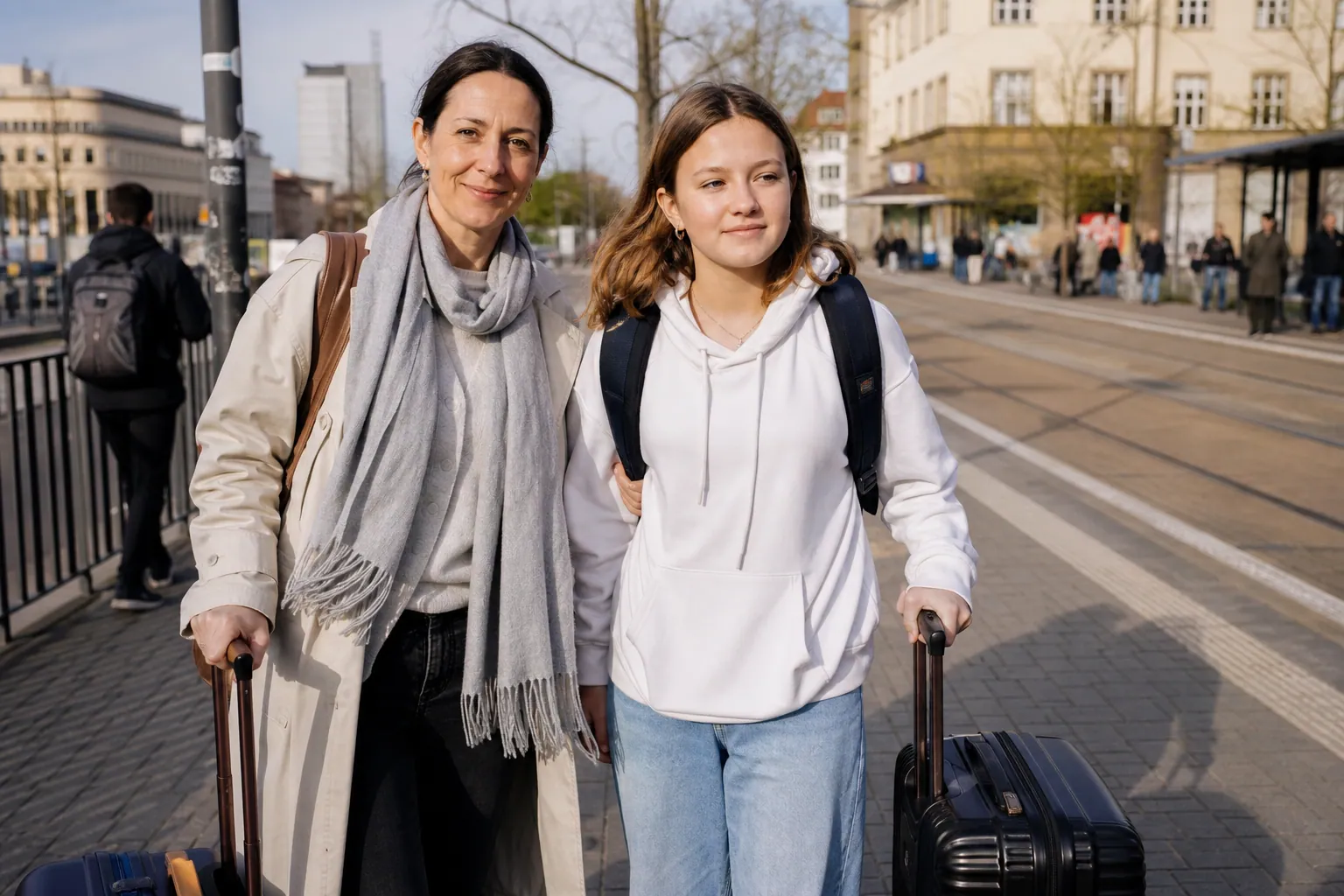 Parent et adolescent arrivant en Allemagne pour un séjour linguistique.