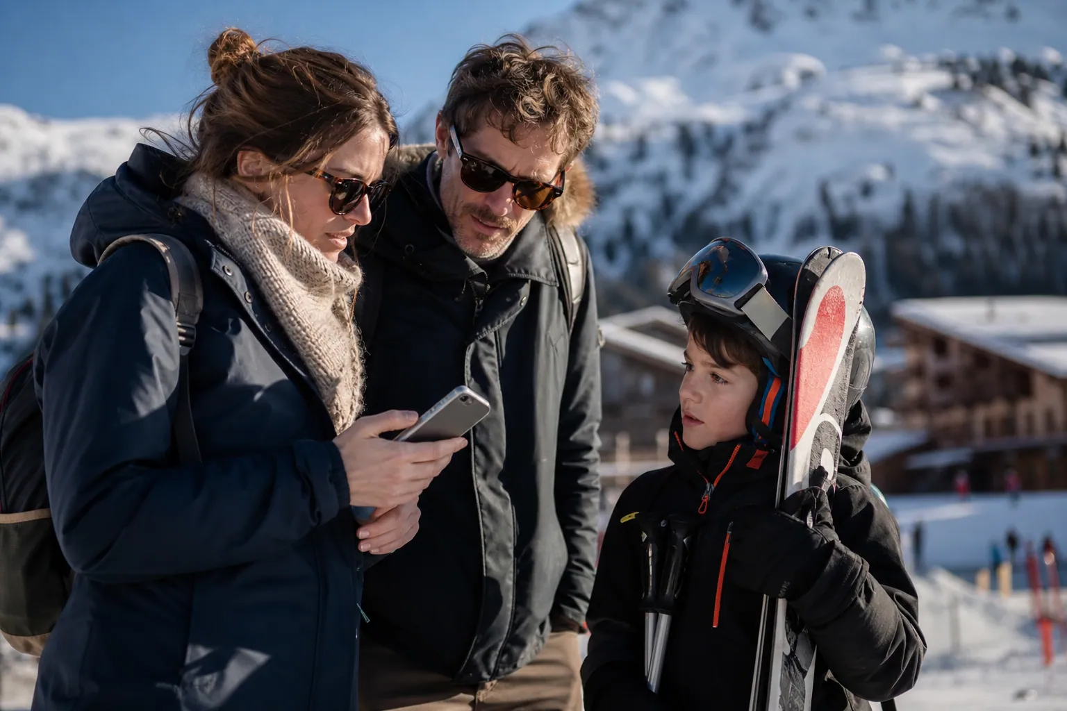 Famille française au ski, parent vérifiant une assurance avant de partir sur les pistes