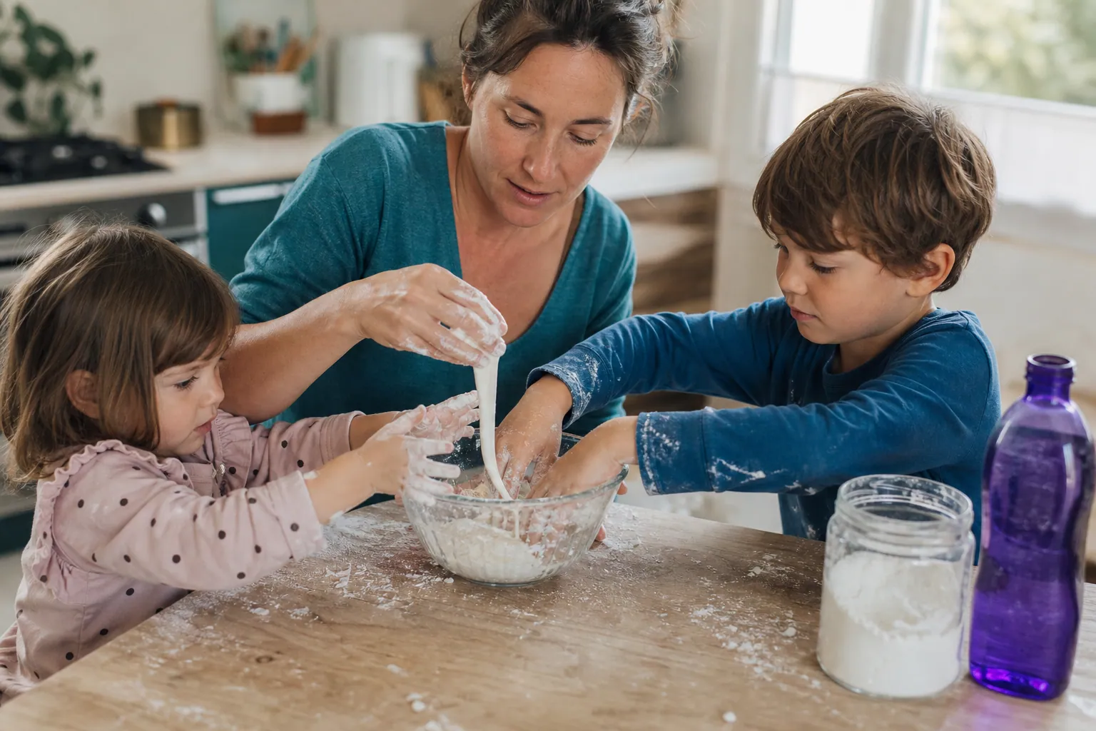 Parent et enfants préparant un slime sans colle dans une cuisine lumineuse.
