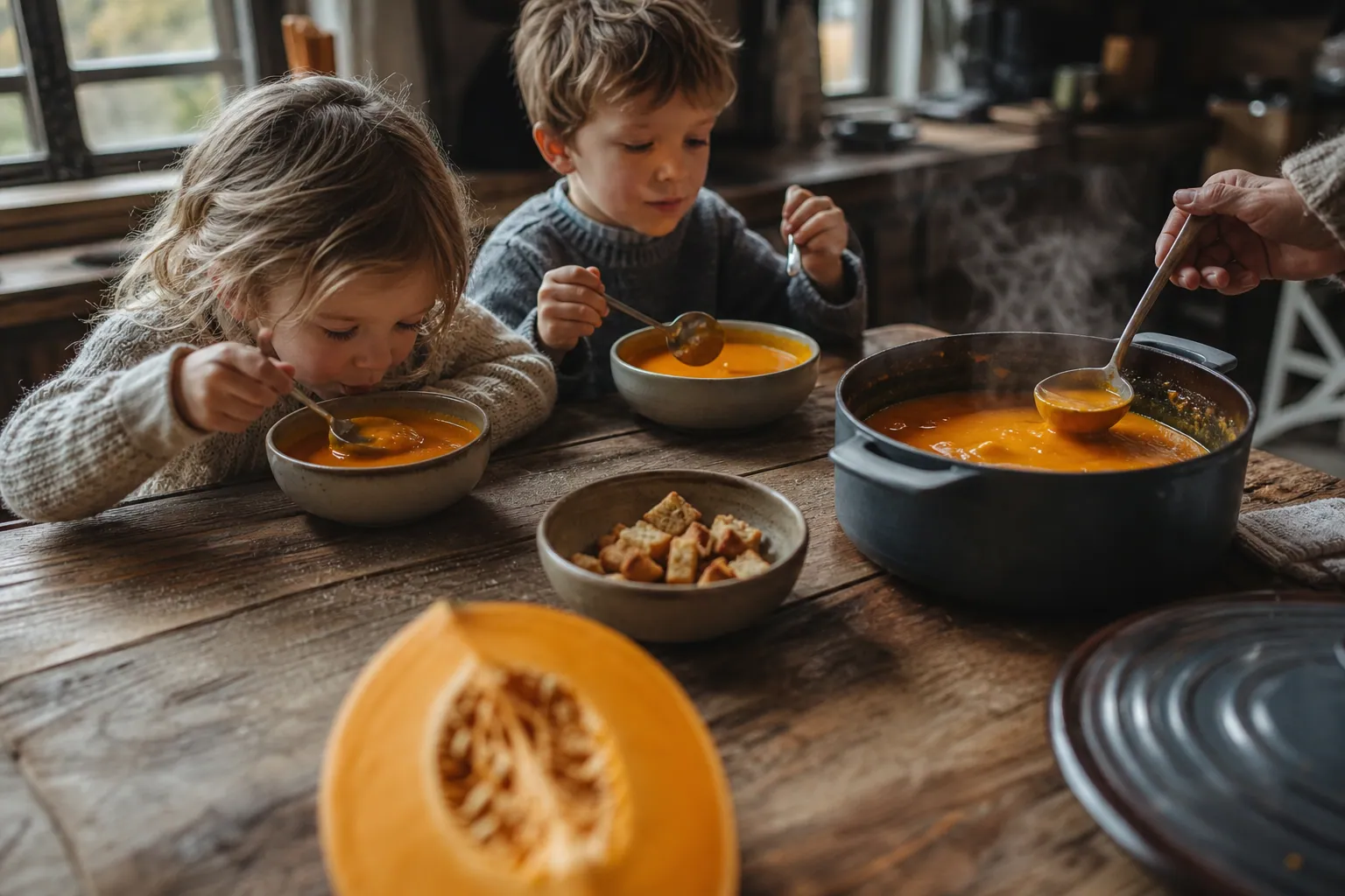 Deux enfants mangent une soupe de potiron orange dans des bols, avec des croûtons et une moitié de courge sur la table.
