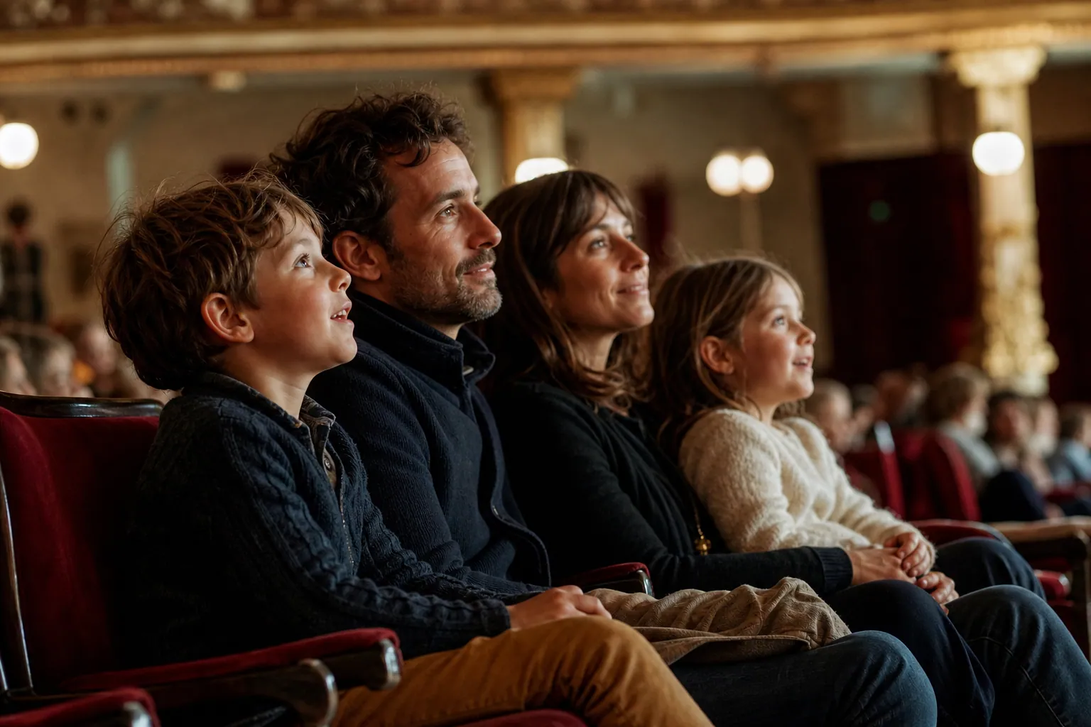 Une famille française avec deux enfants dans une salle de spectacle, avant le lever de rideau.