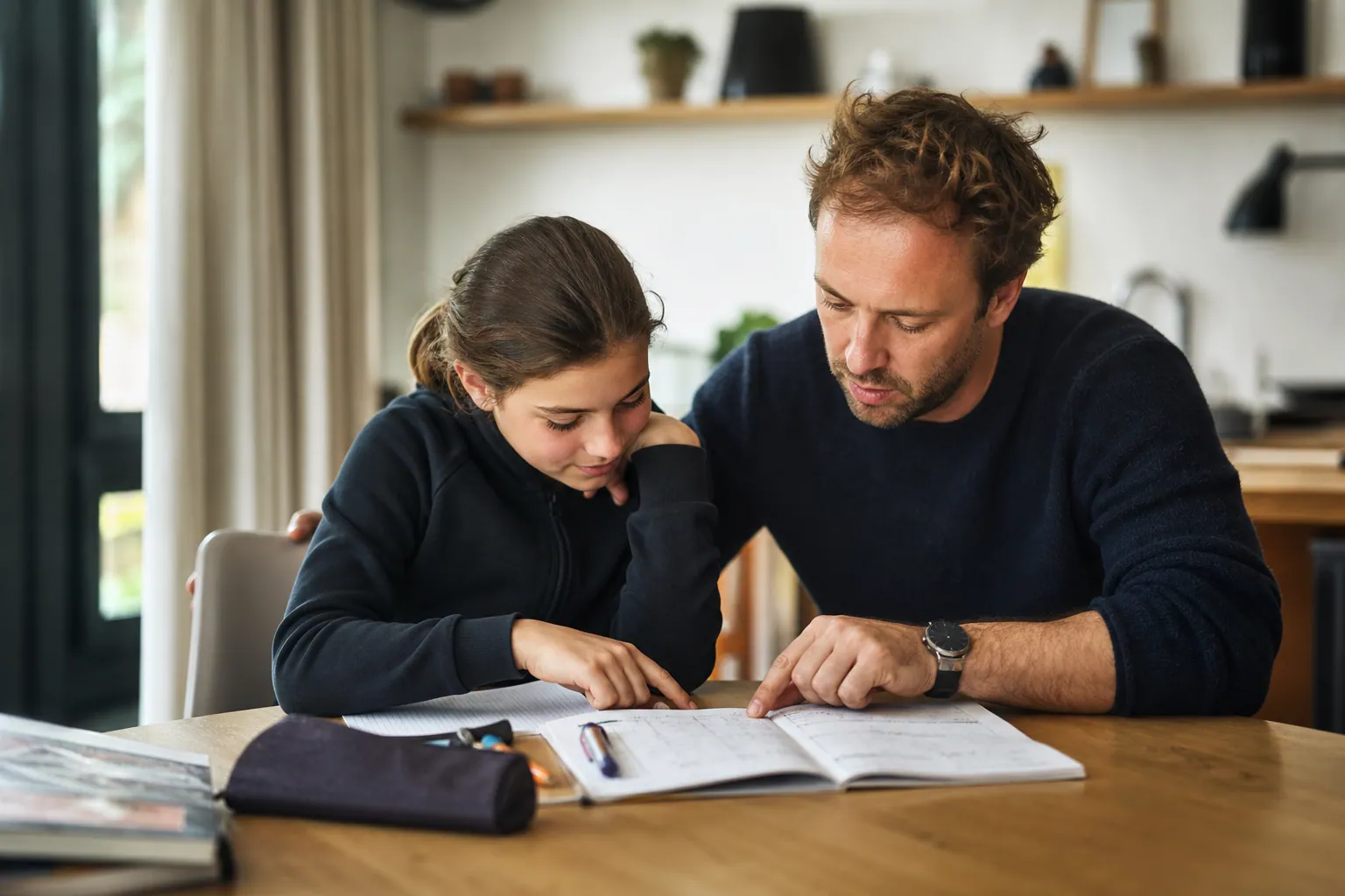 Parent aidant son enfant à réviser les maths à la table de la cuisine pendant les vacances.