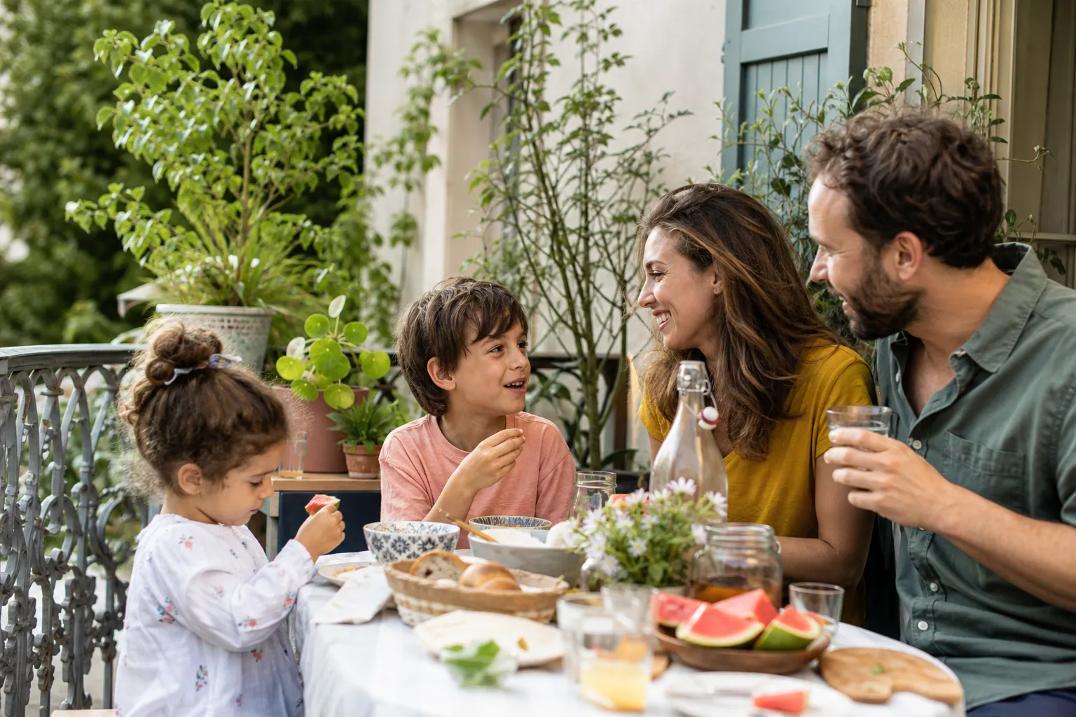 Famille française en pique-nique dans le jardin pendant des vacances à la maison.