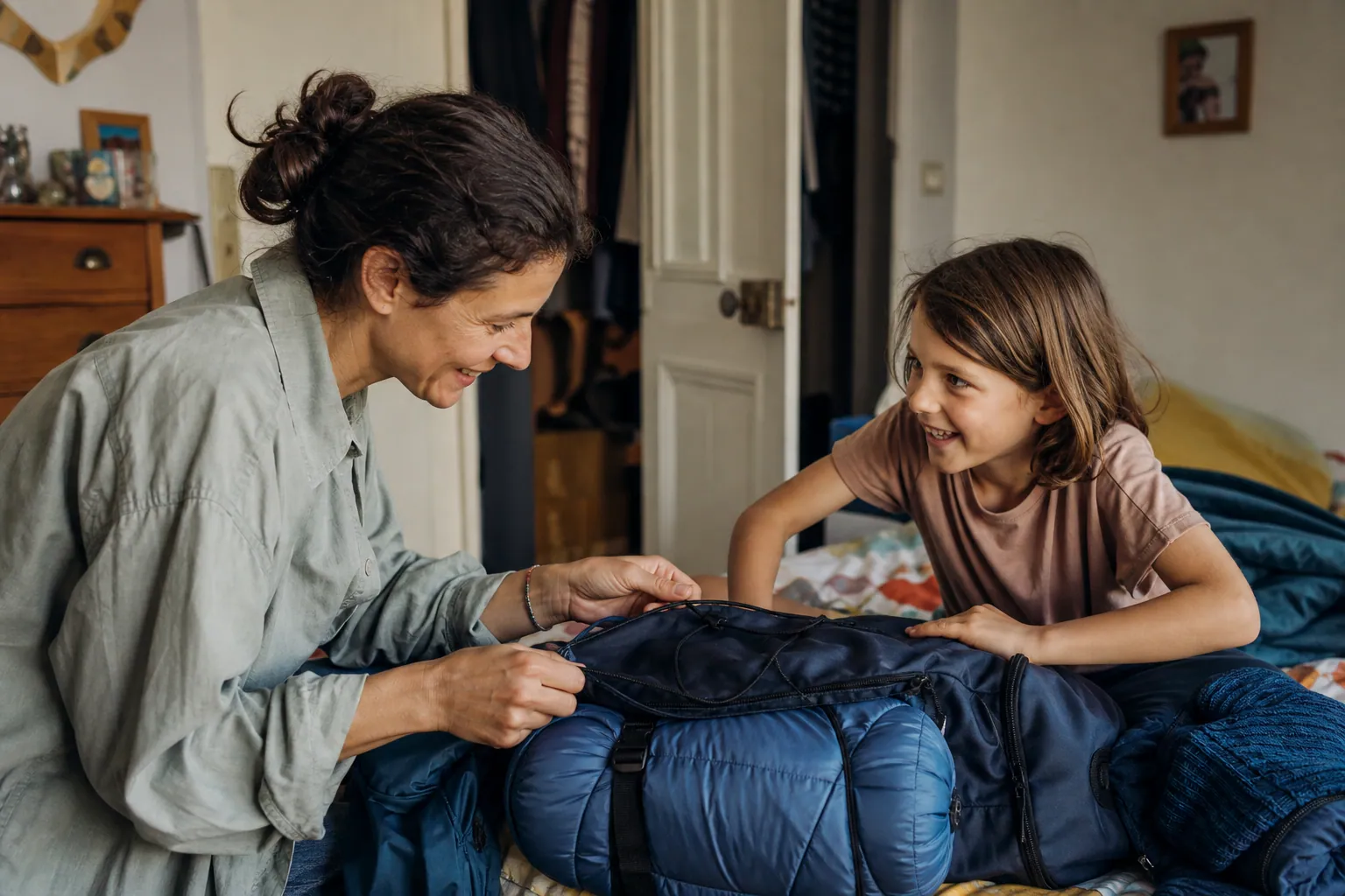 Parent et enfant préparent un sac pour partir en colonie de vacances.
