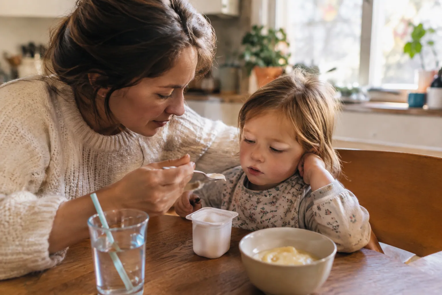 Un parent aide son jeune enfant à manger un yaourt frais, avec un verre d'eau et une compote sur la table.