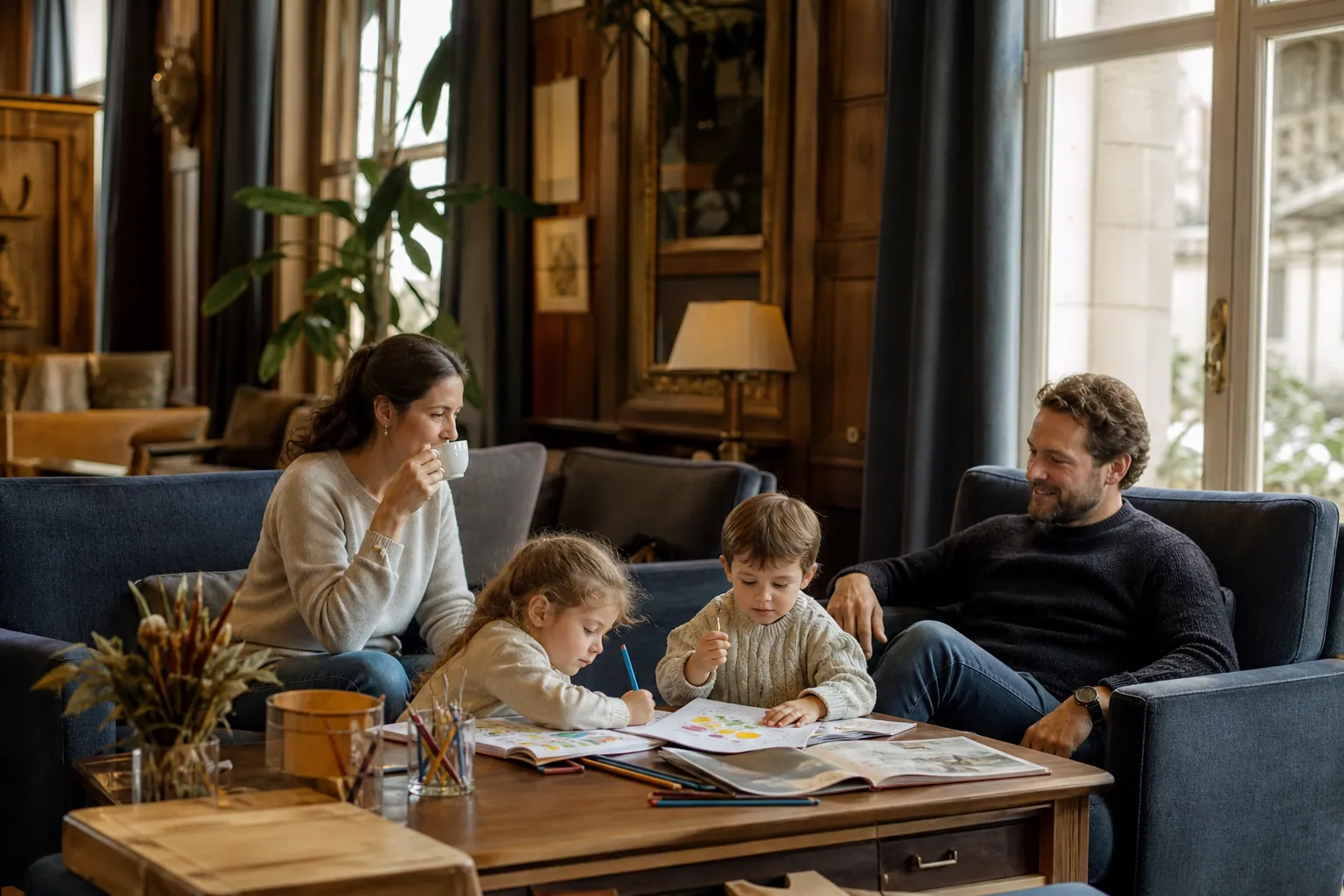 Famille dans un hôtel, enfants qui colorient à une table de jeux près des parents