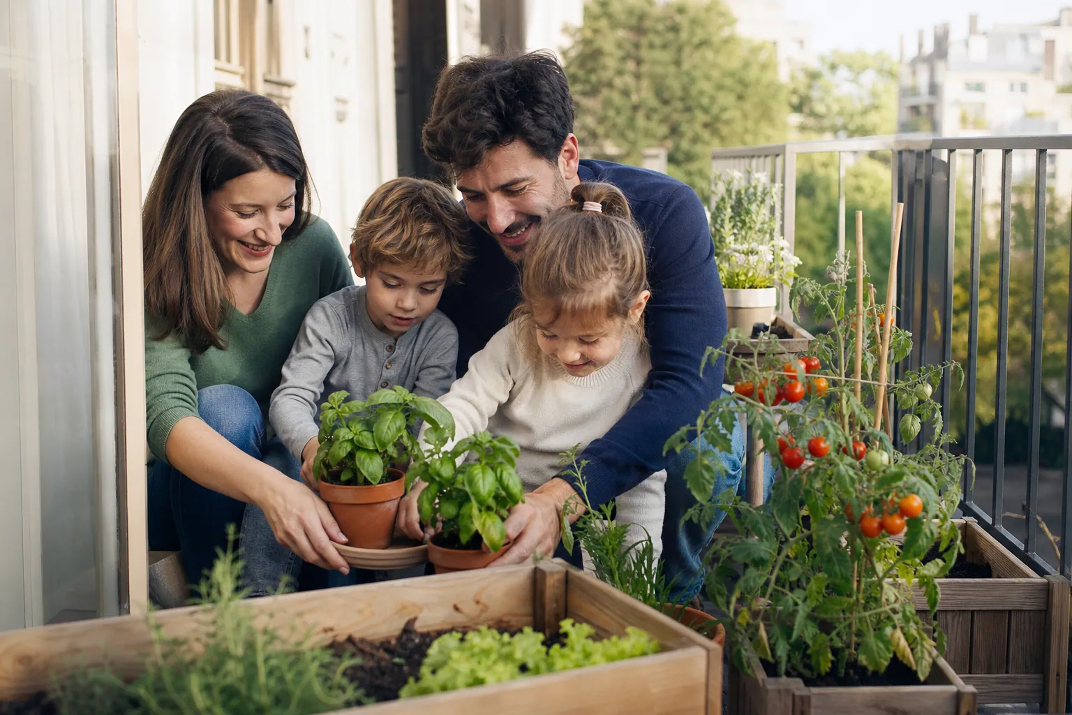 Une famille plante des herbes aromatiques dans des pots sur un balcon ensoleillé.