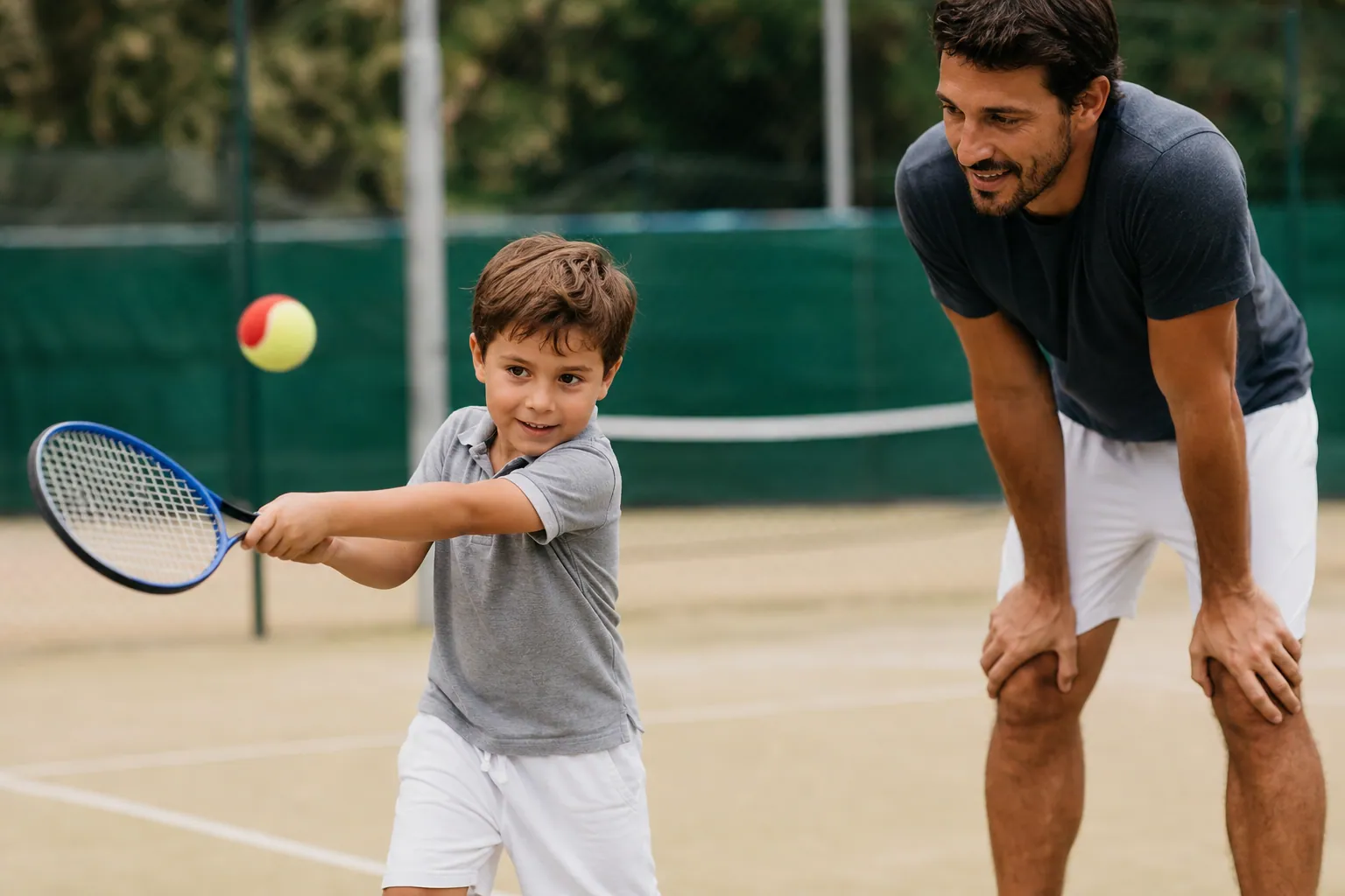 Un enfant frappe une balle en mousse avec une petite raquette sur un terrain de tennis réduit.