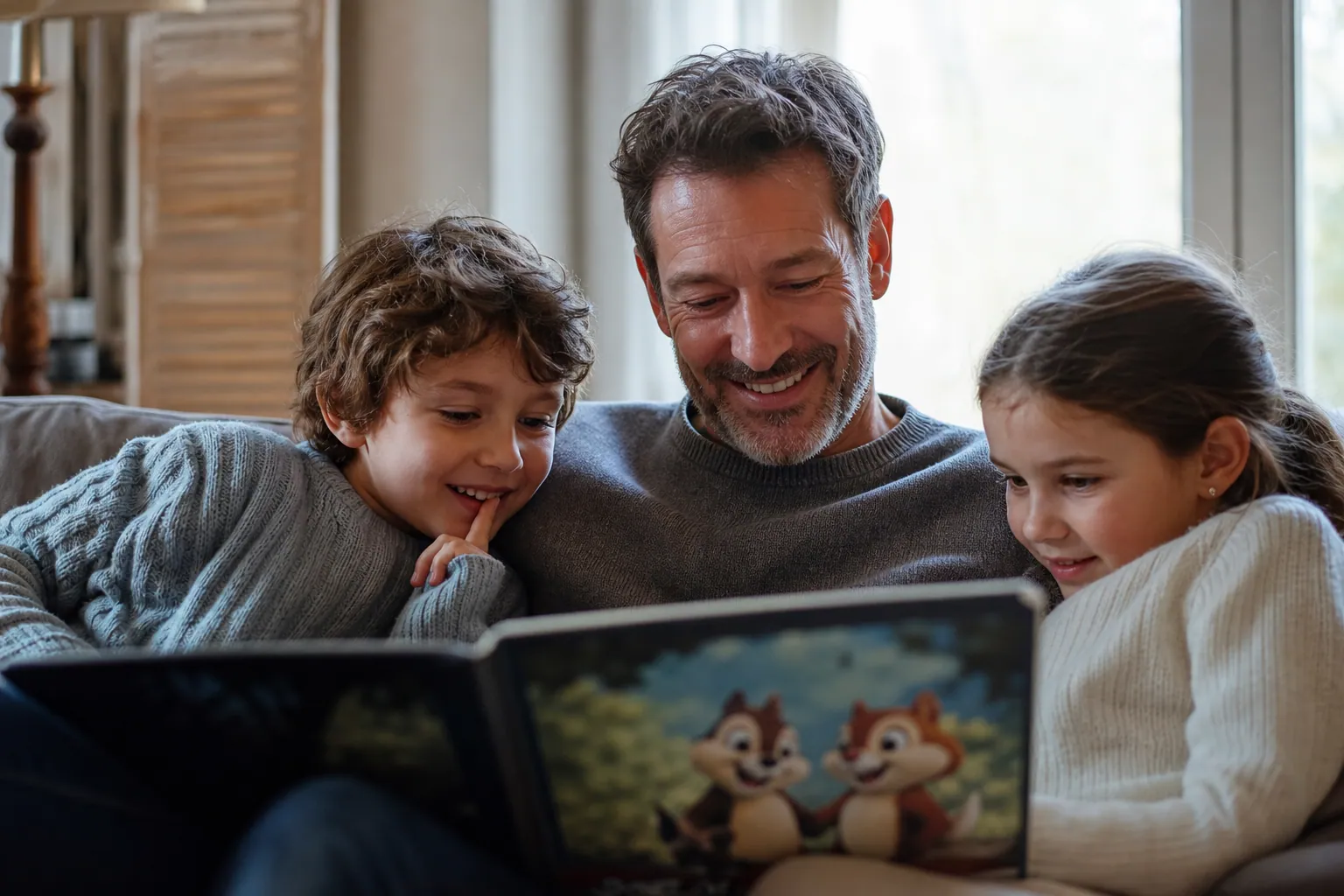 Parents et enfants observant un livre illustré de Tic et Tac dans un salon lumineux.