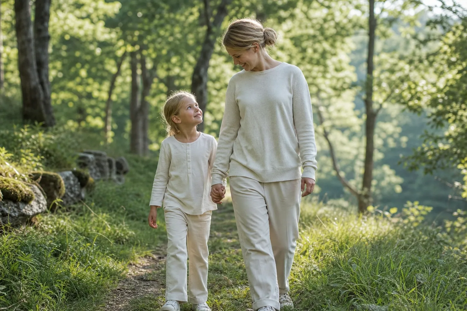 Un parent et son enfant marchent ensemble sur un sentier en forêt, vêtus de vêtements longs.