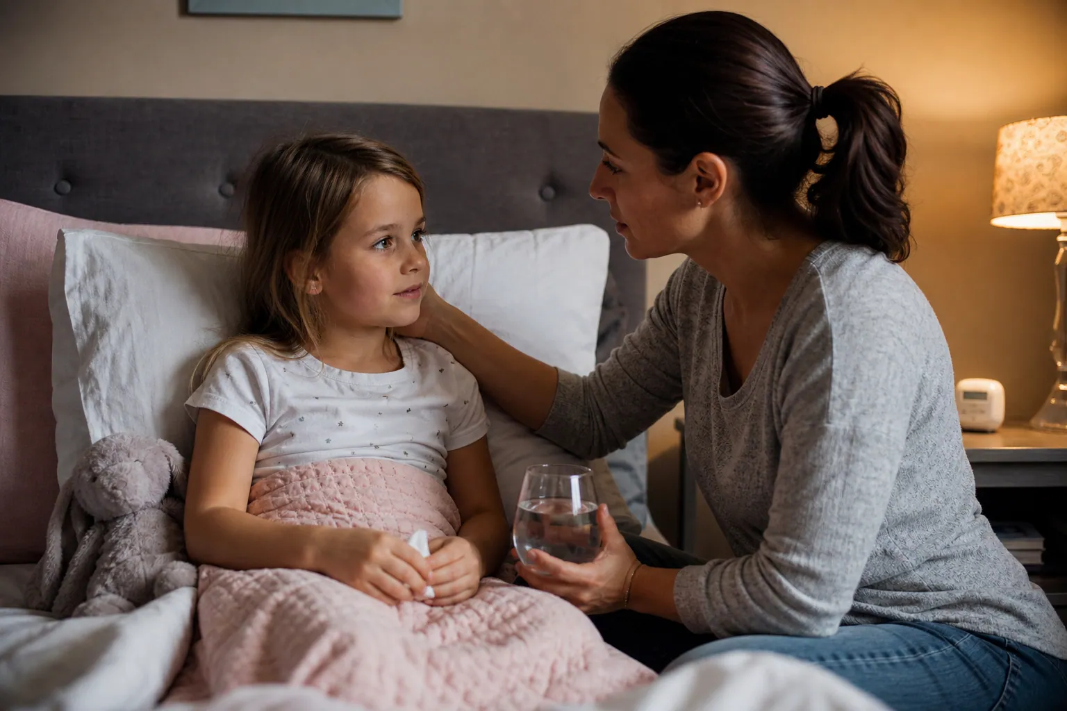 Un parent réconforte son enfant assis dans son lit avec un verre d'eau à portée de main.