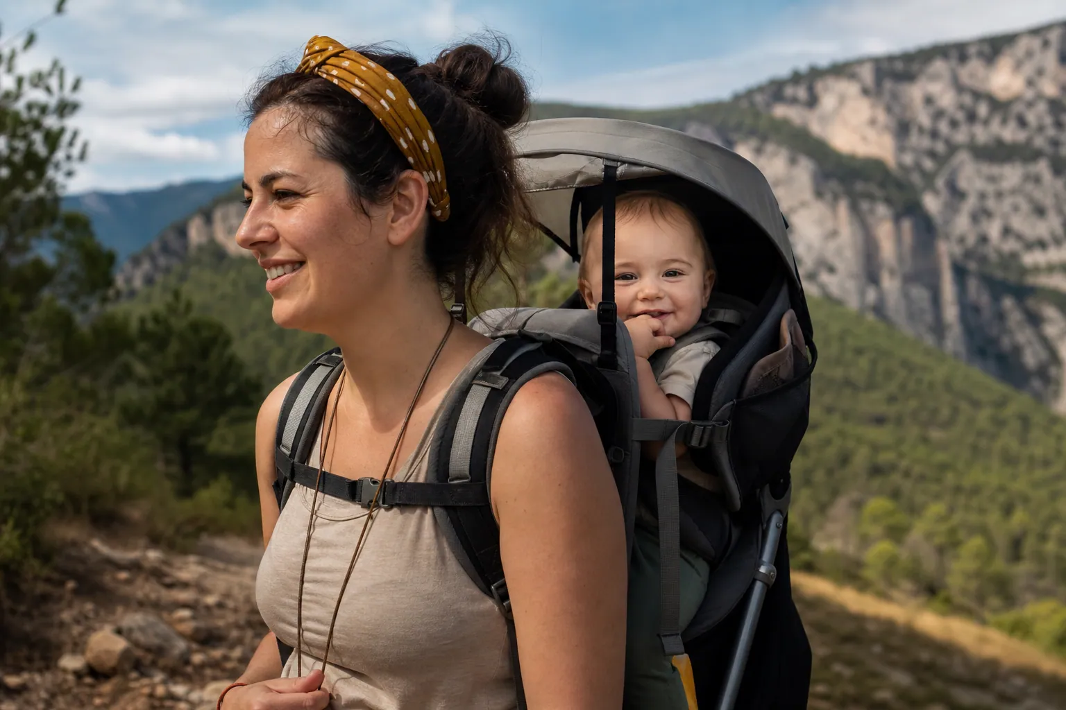 Parent en randonnée portant son bébé dans un porte-bébé dorsal sur un sentier boisé