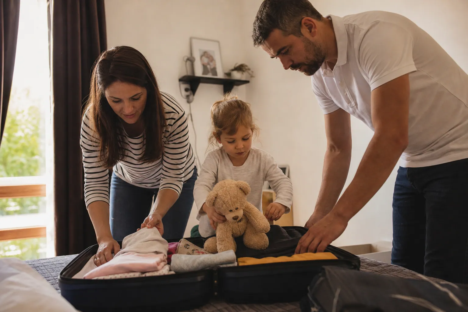 Parent et enfant préparant ensemble une valise de vacances remplie de vêtements pliés et d'une peluche.
