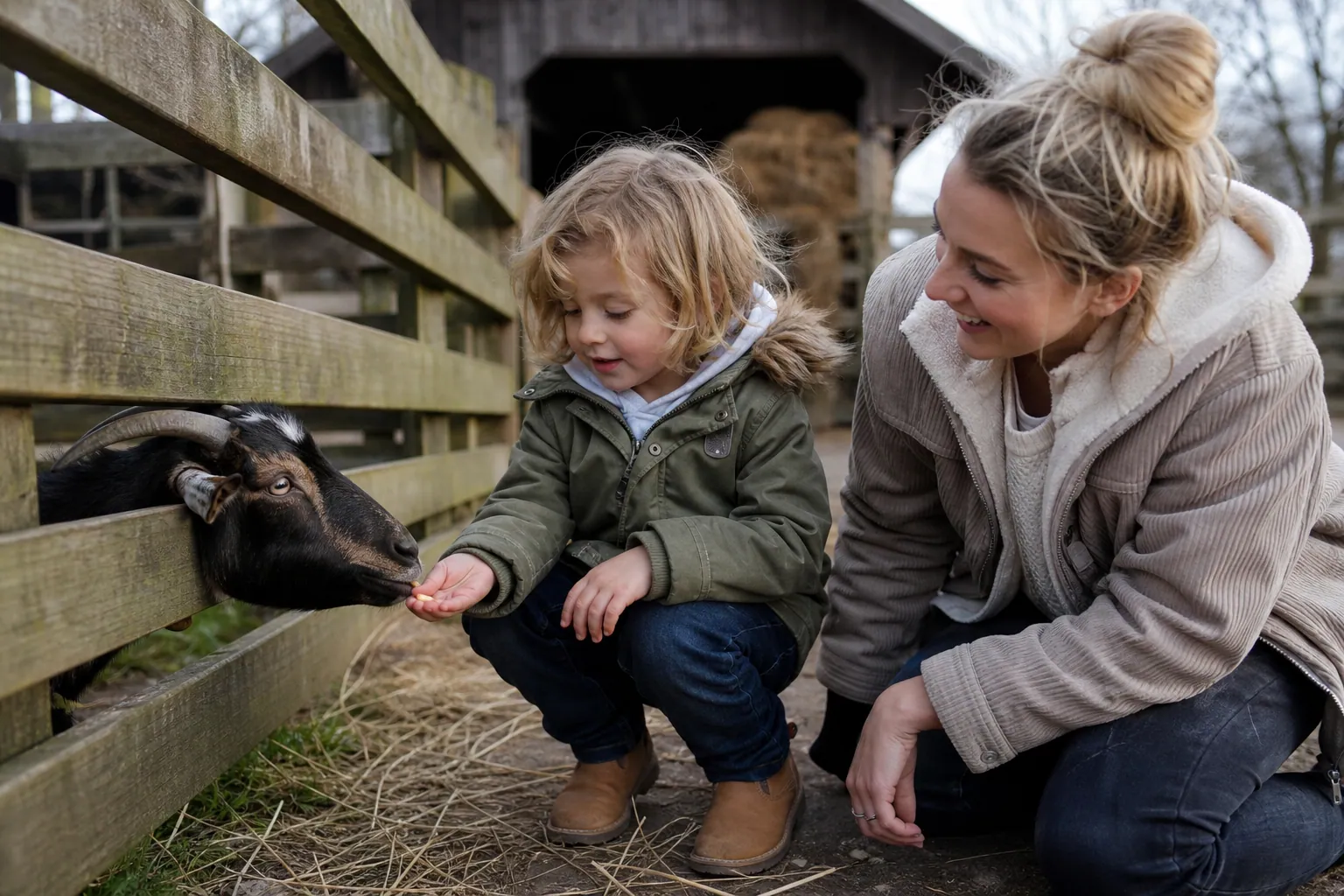Un enfant donne à manger à une chèvre à travers une barrière en bois dans une ferme.