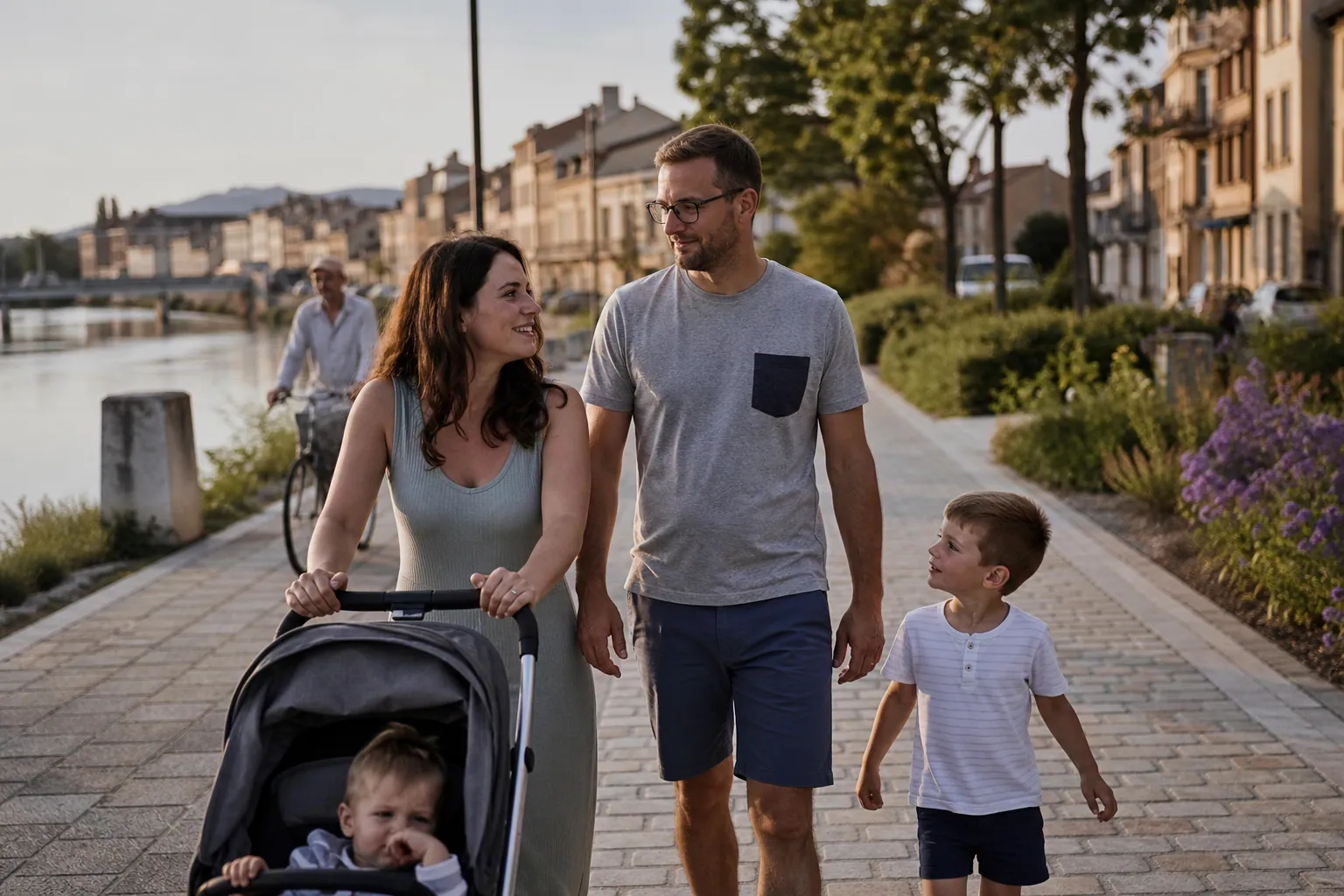 Famille française en promenade sur les bords de Saône à Mâcon